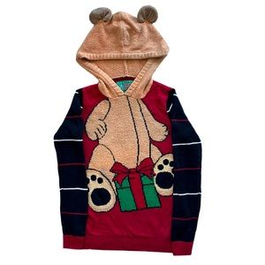 Ugly Christmas Sweater XS Holiday Hoodie Teddy Bear Ears with present